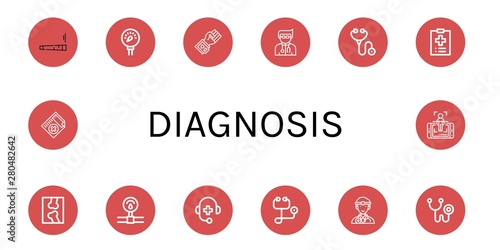 Set of diagnosis icons such as Joint, Pressure, Blood pressure, Doctor, Stethoscope, Medical record, X ray, Medical support, Phonendoscope, Medical certificate, Body scan , diagnosis