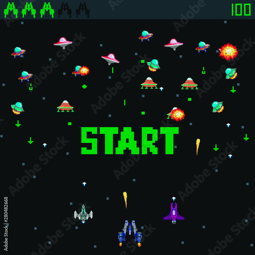Retro video game, screen, arcade space warships, shooting, background map, vector graphic design illustration. 16 bit, 8 bit . Space place. Battles under the stars. Old computer games.