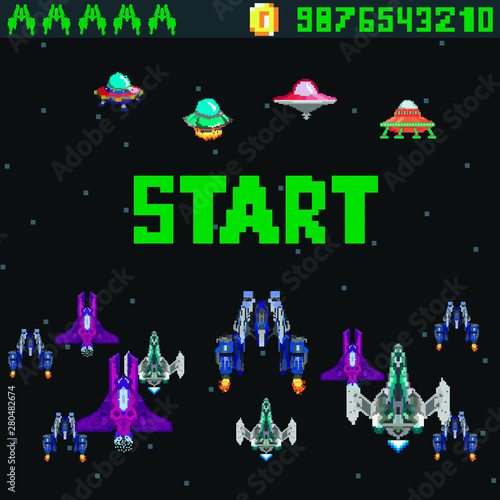 Retro video game, screen, arcade space warships, shooting, background map, vector graphic design illustration. 16 bit, 8 bit . Space place. Battles under the stars. Old computer games. © Евгений Соловьев
