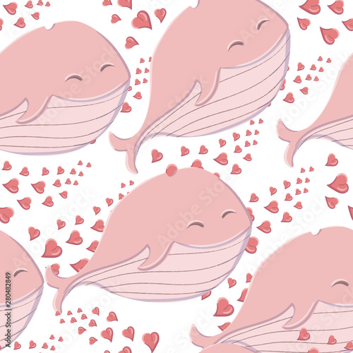Seamless pattern cute whale in the sea with hearts in the style of a cartoon.