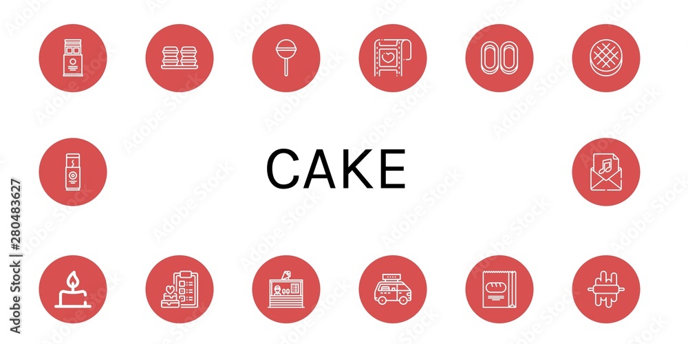 Set of cake icons such as Wafer, Macaroons, Lollipop, Wedding, Cracknels, Round bread, Candle, Ice cream shop, Fast food, Bread, Dough, Chocolate bar, Invitation , cake