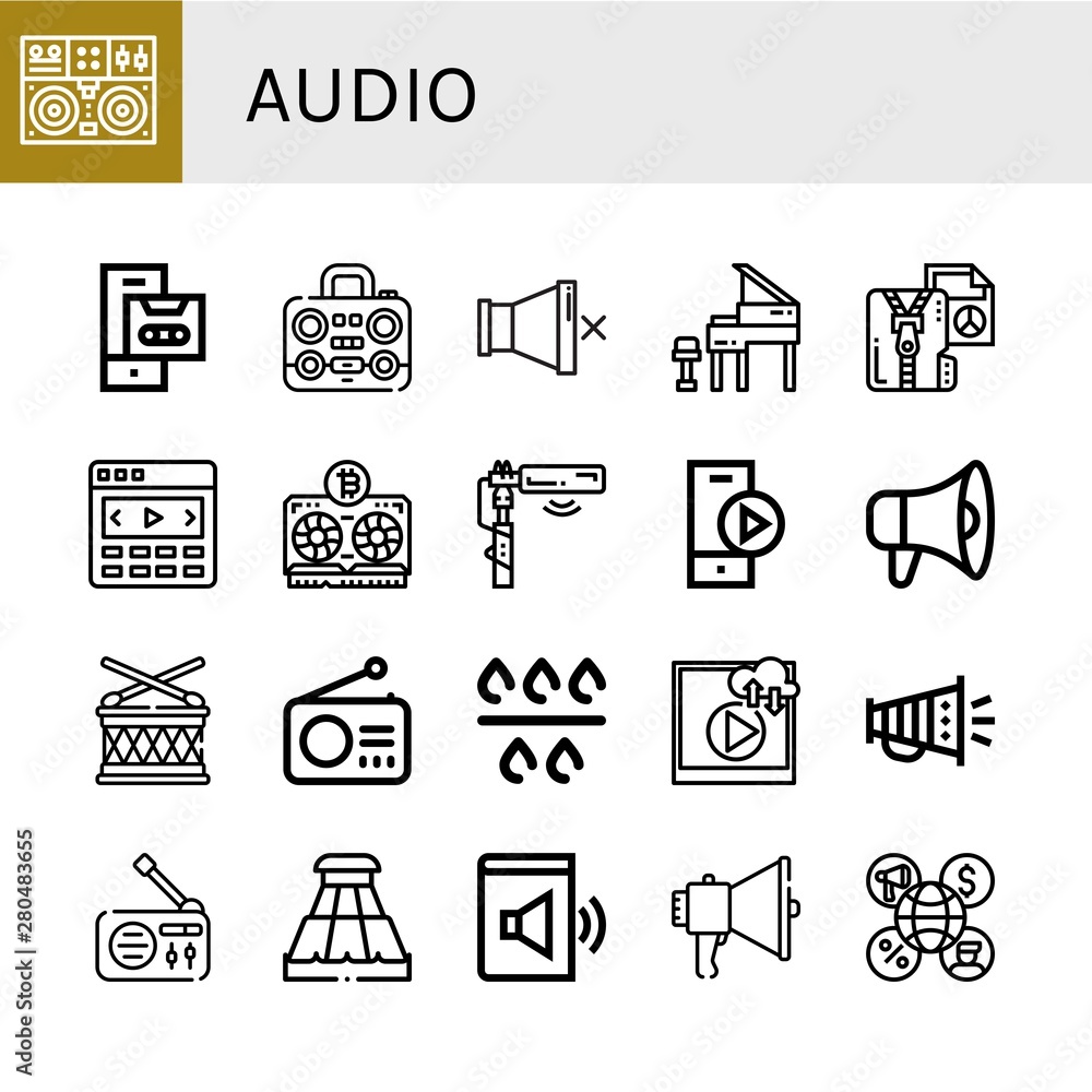 Fototapeta premium Set of audio icons such as Turntable, Cassette, Boombox, Mute, Grand piano, Compressed file, Slider, Vga, Microphone, Play button, Megaphone, Drum, Radio, Filter, Video , audio