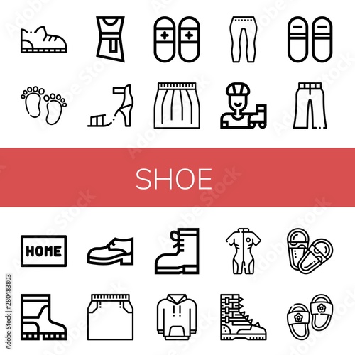 Set of shoe icons such as Shoe, Feet, Blouse, High heel, Slippers, Skirt, Leggings, Roller skate, Sneakers, Trousers, Doormat, Boots, Hoodie, Neoprene, Boot, Sandals , shoe