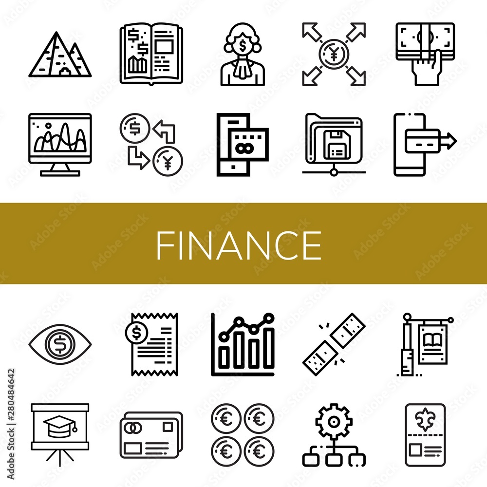 Set of finance icons such as Pyramid, Colour, Finance book, Exchange, Corruption, Credit card, Yen, Save, Cash, Online payment, Money, Presentation, Bill, Combination chart , finance