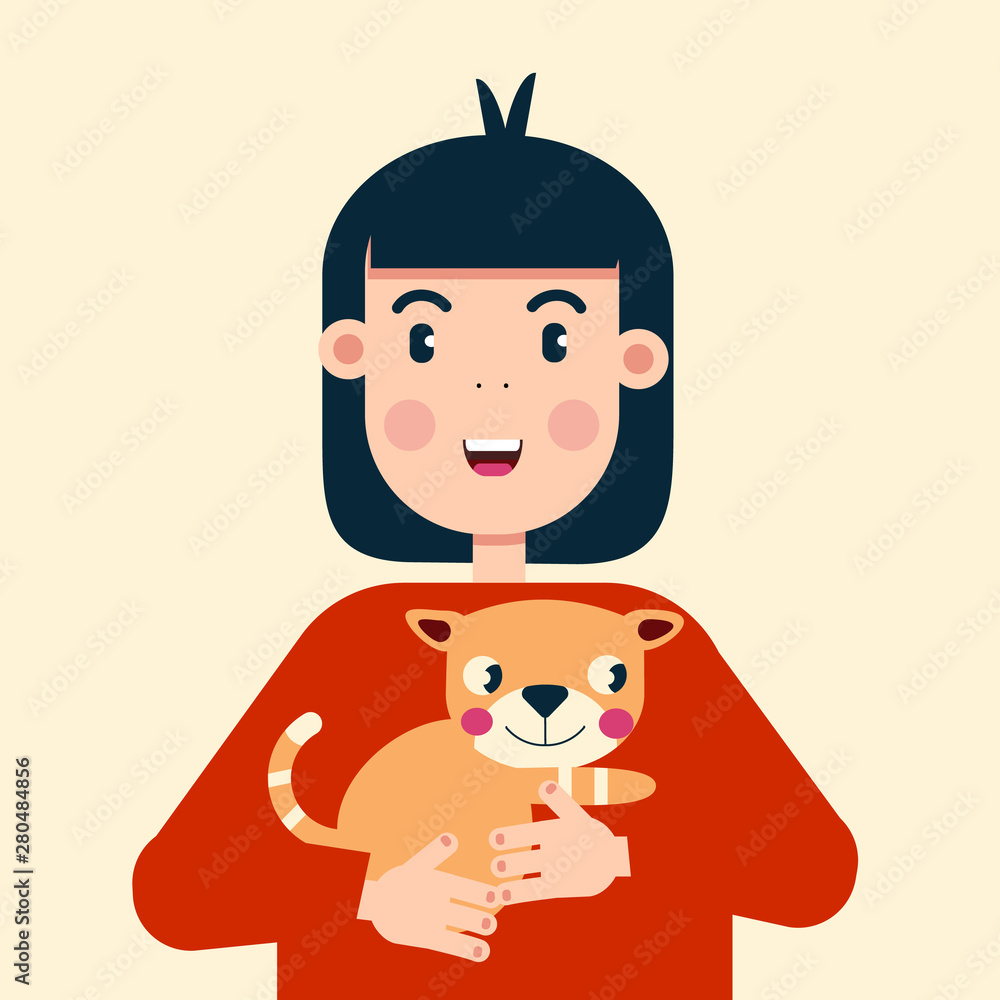 Cartoon characters girl and cat. Illustration in simple vector flat style.  Pet care. Two characters for a childrens book. Pet shop design. Stock  Vector | Adobe Stock