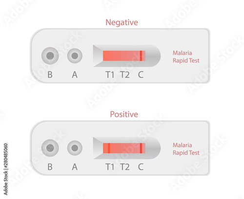 Mlaria test isolated on white. Positive and negative rapid malaria strip