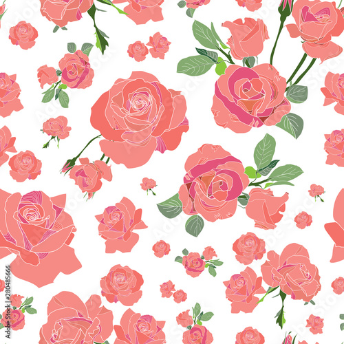 Coral roses on white seamless pattern © Vania