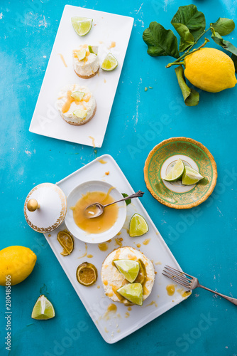 Mojito  cheesecake with rum  and lime syrup, on a rectangualr plate ,flatlay,topview photo