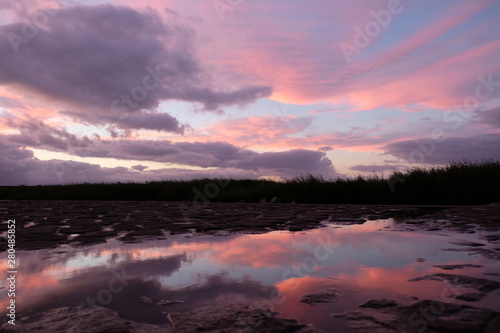 wide purple pink sunset cloudy sky and reflection in puddle water. Grass silhouette on horizon. Low angle