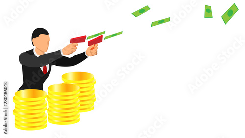 illustration of business people who use a money thrower. Theme background templates save profits. gold coins and rain of paper money. close up