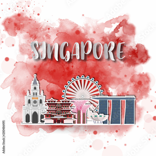 Silhouette Paper of Singapore on the splash watercolor in color of Global Flag. Vector design template. use for business, banner, advertisment or education.