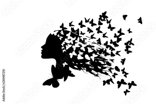 Beautiful girl's profile silhouette with butterflies flying from her hair isolated on white background - vector illustration