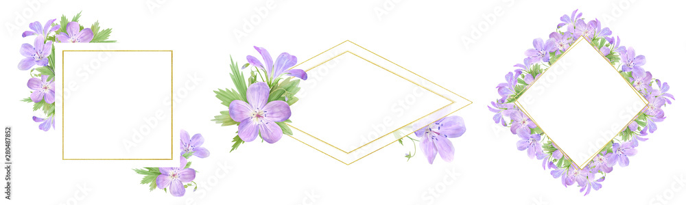 Frame set of lilac watercolor geranium flowers isolated on white background. Perfect for web design, cosmetics design, package, textile, wedding invitation, logo