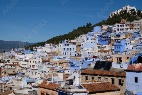 Chefchaouen in Morocco. Famous blue and white painting town in Africa. Dense old houses on mountain slope with green forest blue sky © Robert