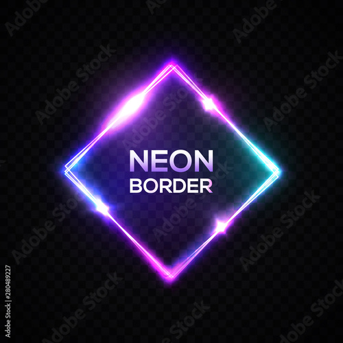 Neon light color square frame on transparent background. Electronic luminous rectangle sign for flyer poster design. Shining electric led lamp rhombus in 1980 retro style. Bright vector illustration.