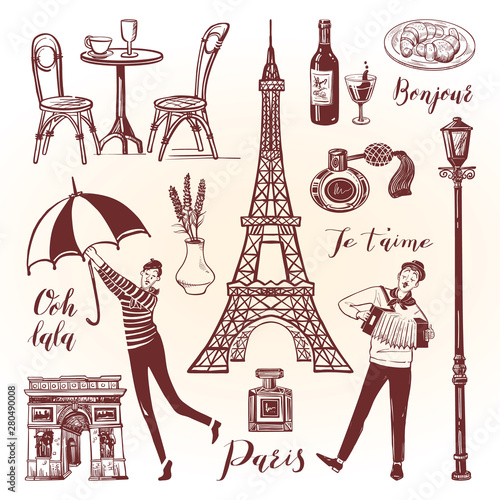 French vintage set with lettering. Illustration in sketch style. Isolated icons for vintage background.