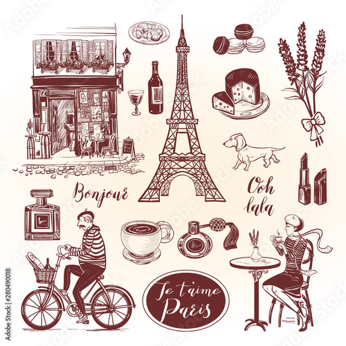 French vintage set with lettering and symbol of Paris in sketch style.