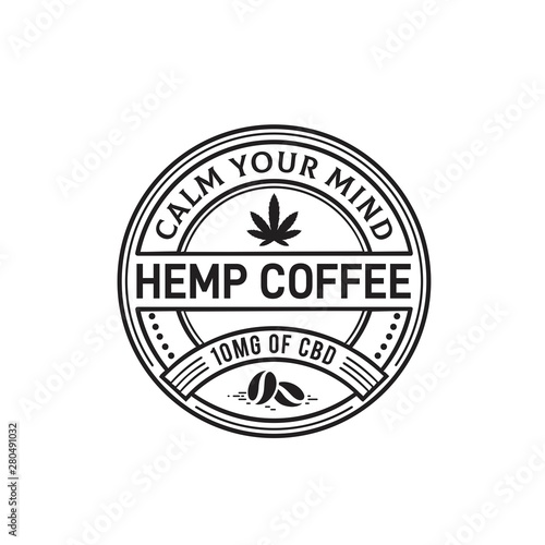 Hemp cannabis coffee seal logo design with weed leaf and coffee bean illustration