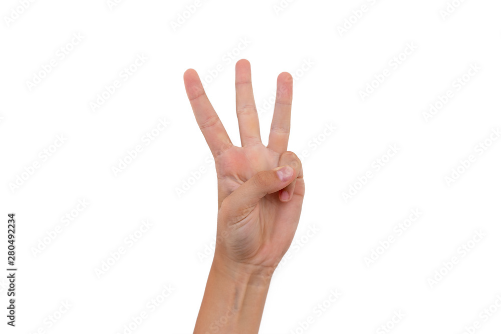 Caucasian female hand counting with fingers - three Caucasian female hand counting with fingers - three