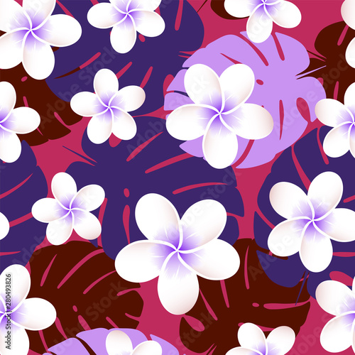 Seamless vector tropical pattern. Plumeria  frangipani. Exotic vector beach wallpaper seamless pattern.