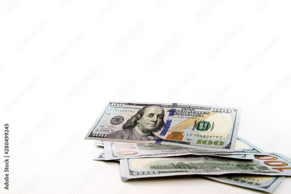Hundred United States banknotes on white background Hundred United States banknotes on white background