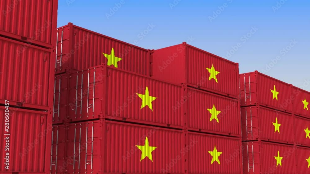 Container terminal full of containers with flag of Vietnam. Vietnamese export or import related loopable 3D animation Container terminal full of containers with flag of Vietnam. Vietnamese export or import related loopable 3D animation