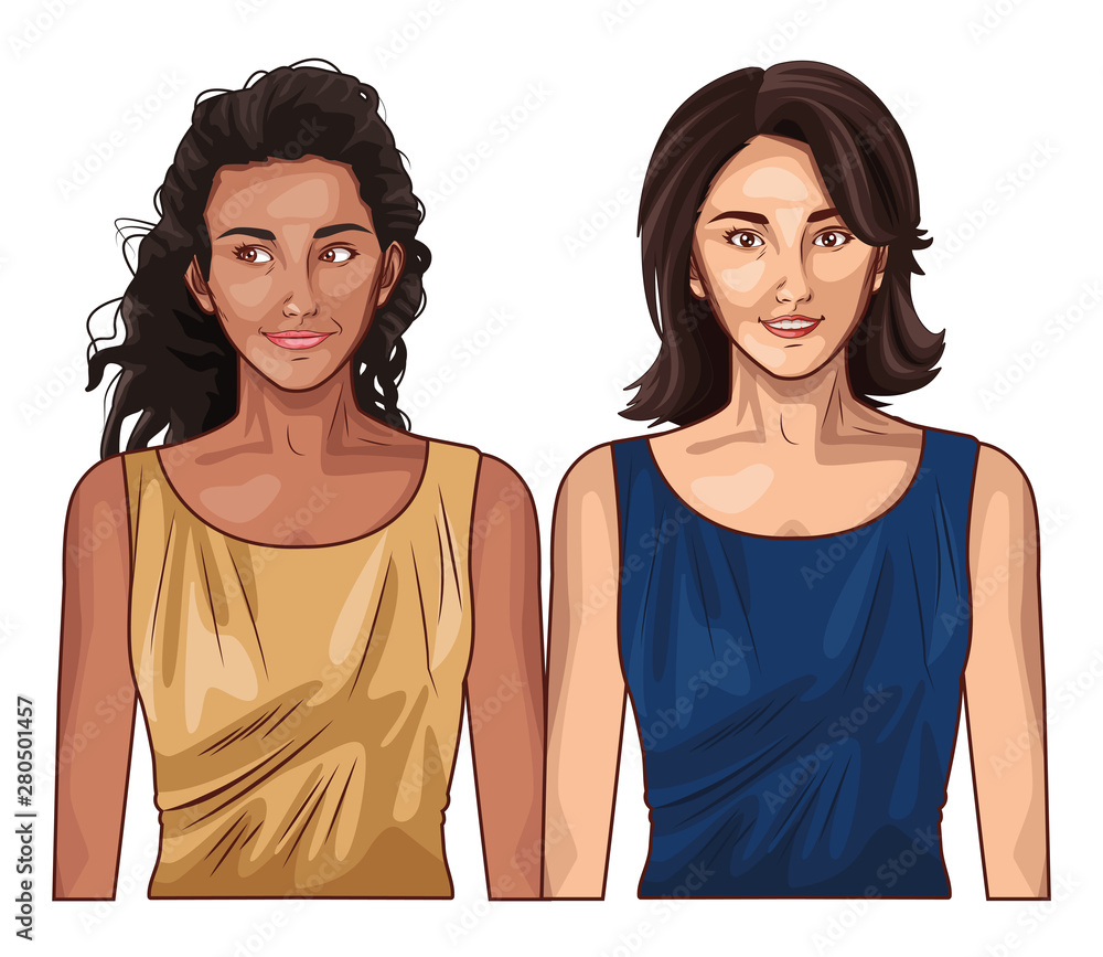 Pop art women models smiling cartoon Pop art women models smiling cartoon