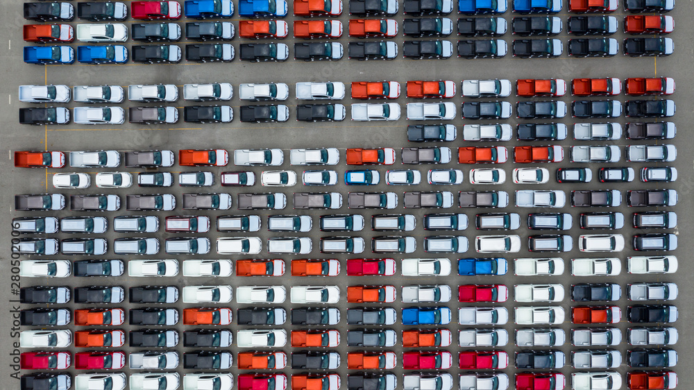 Aerial view new cars export terminal, New cars waiting for import export at deep sea port.