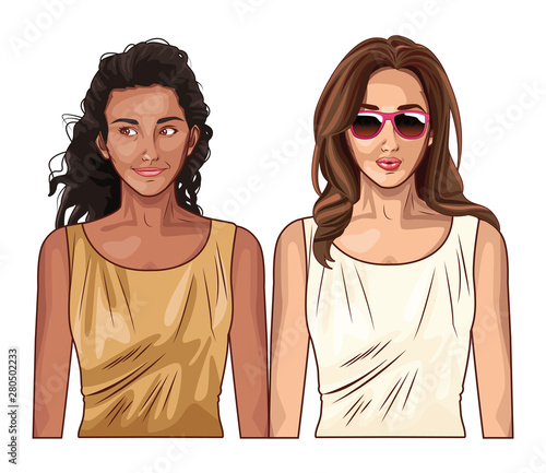 Pop art women models smiling cartoon