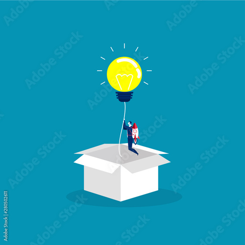 businessman start up with Light idea bulb ejected from cardboard box. Concept of startup, creative idea, leadership, business success or inspiration. Vector illustratio