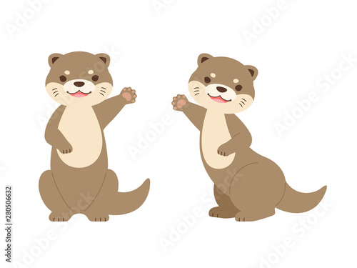 片手を上げるカワウソのキャラクターのイラストセット
