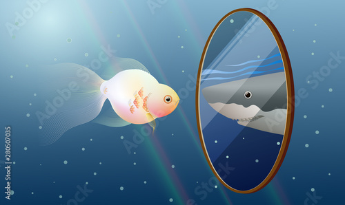 Goldfish look into the mirror and see a reflection of a Great White shark, self esteem concept idea.