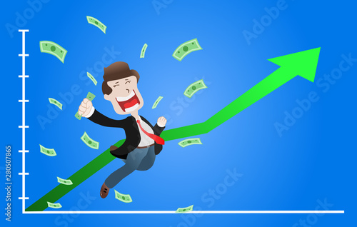 Successful Businessman raised hands on uprising arrow graph chart, Stock price up, Increase