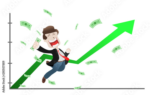 Successful Businessman raised hands on uprising arrow graph chart, Stock price up, Increase