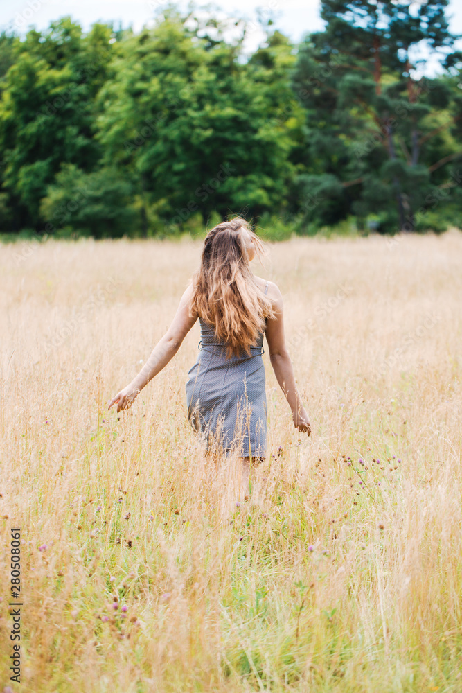Girl in a gray dress in the field, view from the back Girl in a gray dress in the field, view from the back