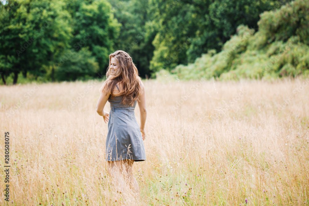 Girl in a dress in the field, view from the back Girl in a dress in the field, view from the back