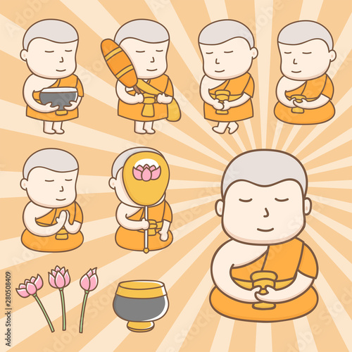 Design elements vector of cute Buddhist monk cartoon characters in action of everyday life activities. Kawaii monk cartoon characters design.