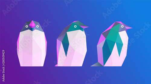 Vaporwave Penguin. Set of Psychedelic Penguins on Retro Background. Low Poly Vector 3D Rendering