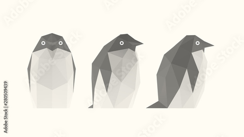 Light Penguin. Set of Isolated White Penguins on White Background. Low Poly Vector 3D Rendering