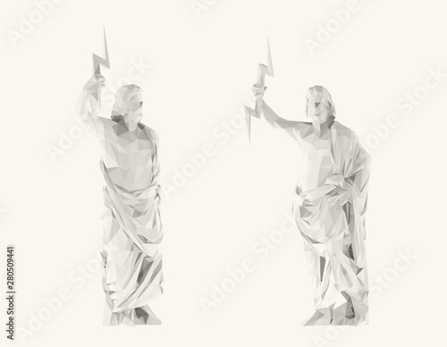 Light Zeus. Set of Isolated White Zeus on White Background. Low Poly Vector 3D Rendering