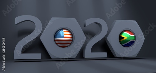 Business communication concept in industrial design. USA and South Africa business cooperation. National flags on glossy spheres inside the nuts. 3D rendering. 2020 year number photo
