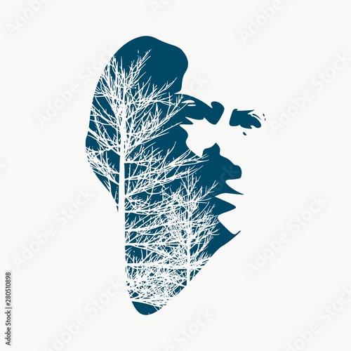 Face half turn view. Elegant silhouette of a female head composed of particles. Double exposure