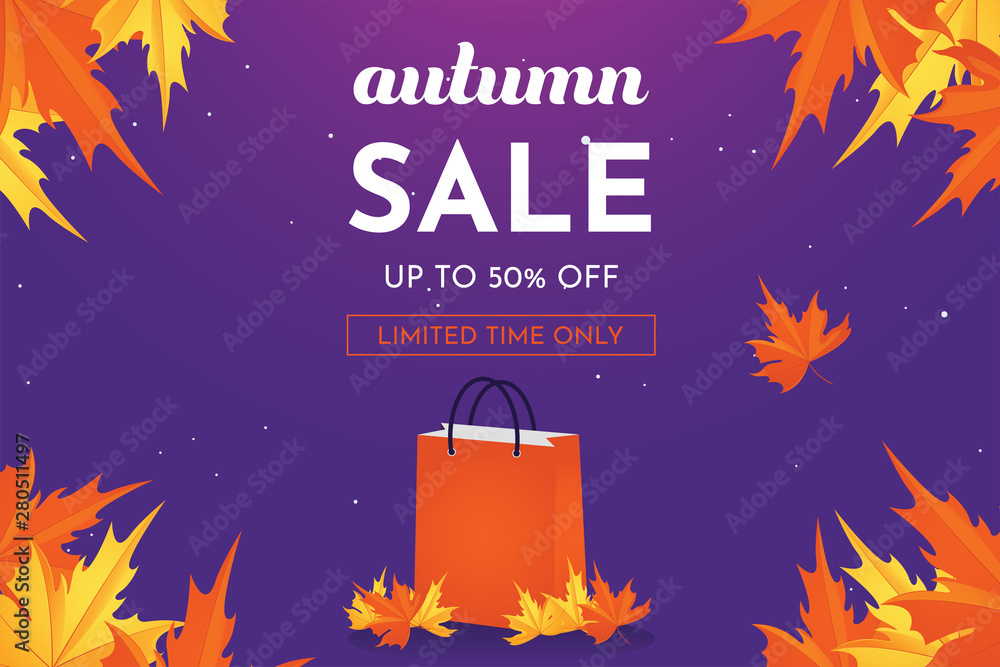 Autumn sale discount offer up to 50 percent off with oak leaves, banner and background vector illustration Autumn sale discount offer up to 50 percent off with oak leaves, banner and background vector illustration