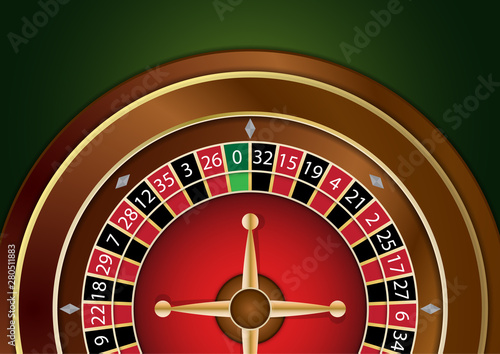 Casino roulette wheel isolated on green background. Vector casino logo.