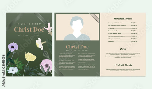 Botanical memorial and funeral invitation card template design, flowers and leaves with ribbon, green and brown tones