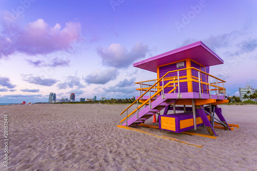 Multicolored and vibrant coast lifeguard beach tower house at walking distance from Art Deco District in Ocean Drive, Miami, Florida. Gay friendly colors of a modern beach house in a sunny day