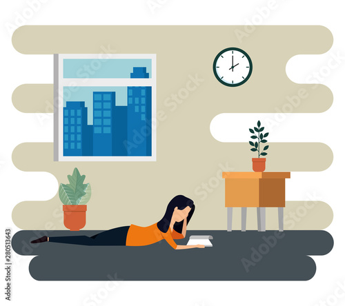 businesswoman reading a book with plants and desk