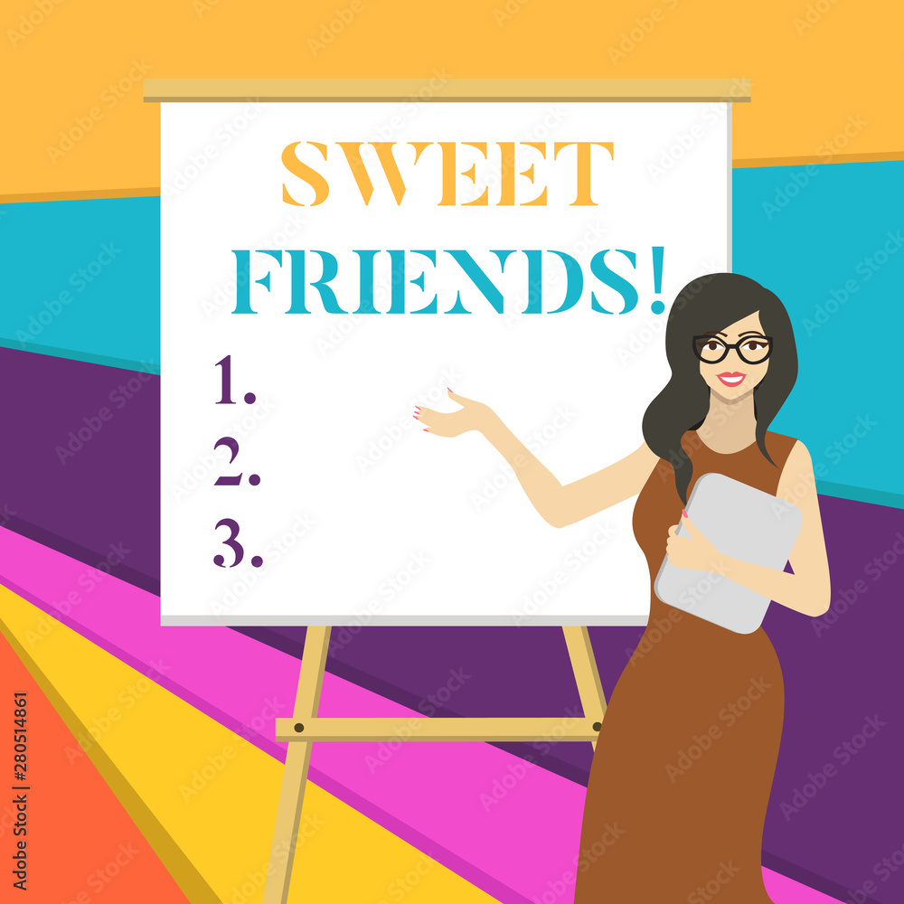 Word writing text Sweet Friends. Business photo showcasing thoughtful towards other showing Nice and loving demonstrating White Female in Glasses Standing by Blank Whiteboard on Stand Presentation Word writing text Sweet Friends. Business photo showcasing thoughtful towards other showing Nice and loving demonstrating White Female in Glasses Standing by Blank Whiteboard on Stand Presentation
