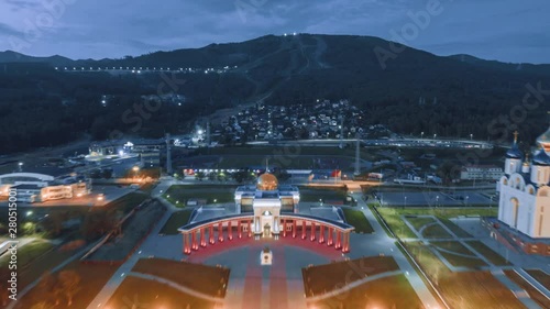 Night Hyperlapse Cathedral Temple in Victory Square, Yuzhno- Sakhalinsk Russia photo