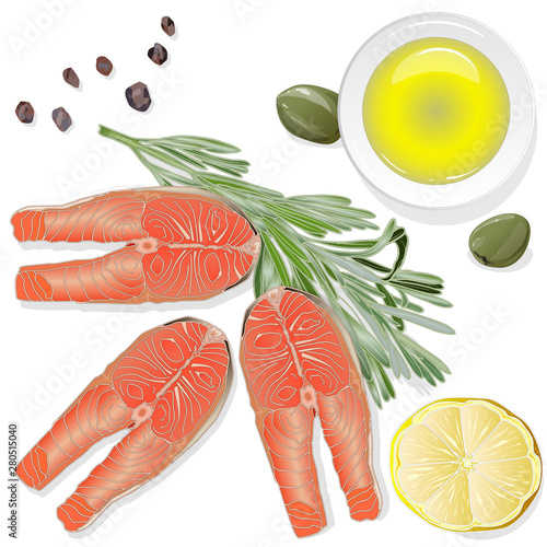 Raw salmon fillets with herbs on white background. Vector illustration